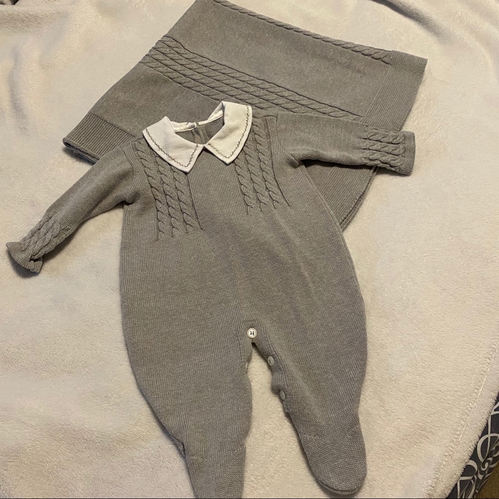 Handmade Newborn one-piece and matching blanket